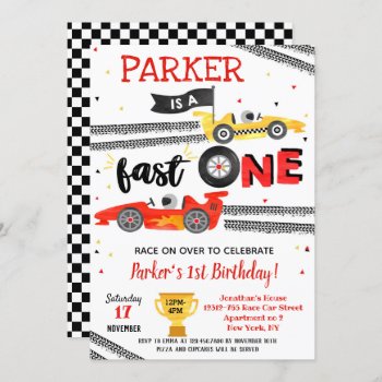 Fast One Race Car 1st Birthday Party Invitations by SugarPlumPaperie at Zazzle
