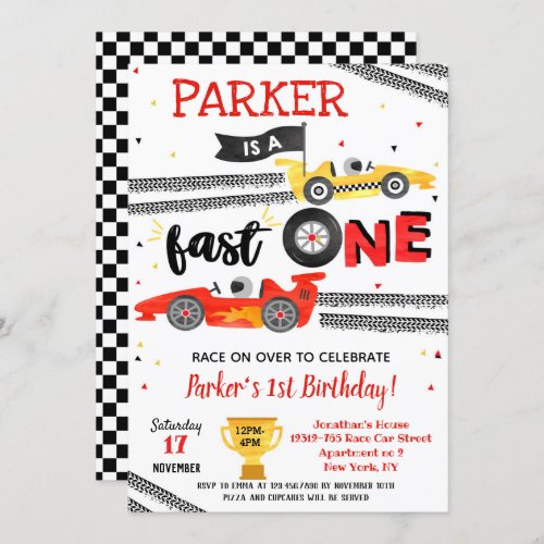 Fast One Race Car 1st Birthday Party Invitations 