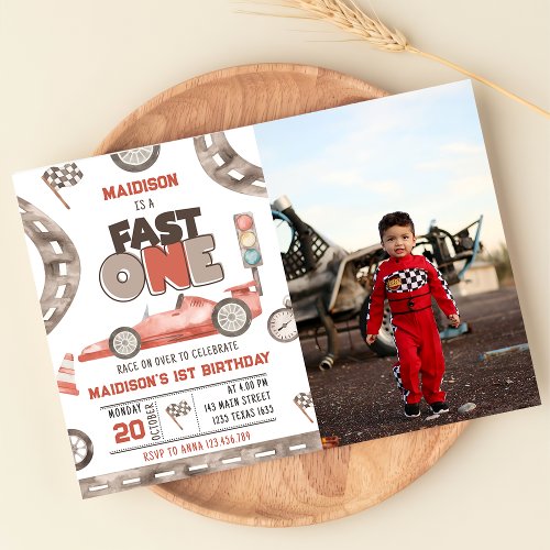 Fast One Race Car 1st Birthday Party Photo  Invitation