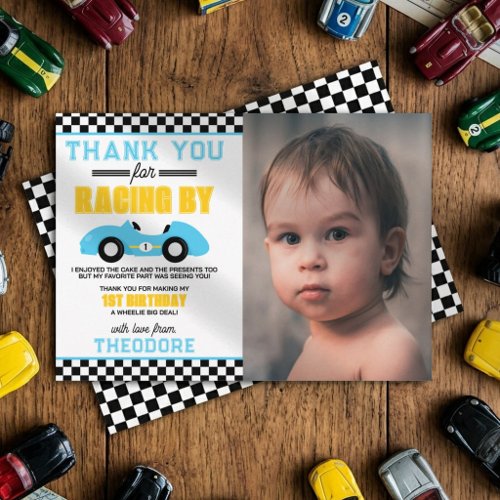 Fast One Race Car 1st Birthday Party Photo Thank You Card
