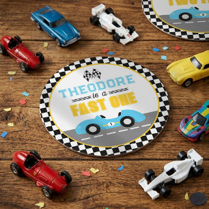 Fast One Race Car 1st Birthday Party Round Paper Coaster