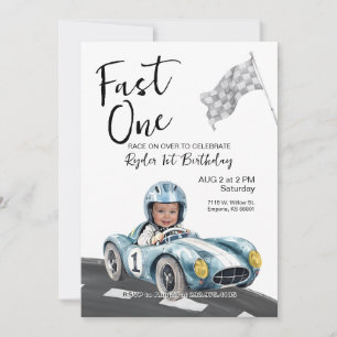 Fast One Race Car 1st Birthday Photo Invitation