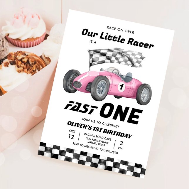 Fast One Race Car 1st Birthday Racing Girl Invitation (Creator Uploaded)