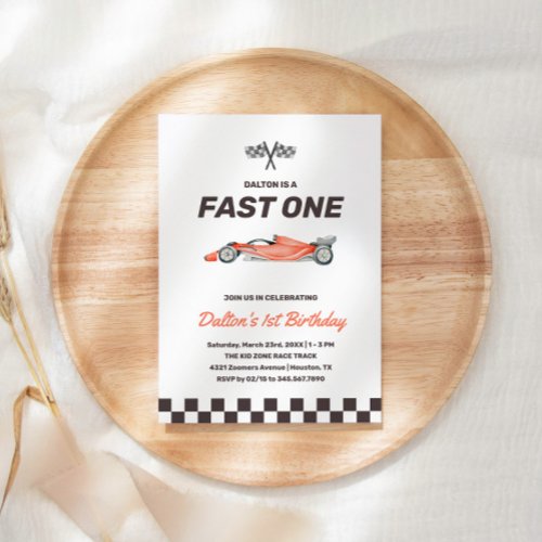  Fast One Race Car 1st Boys Birthday Party Invitation