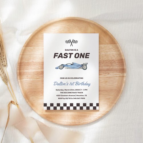  Fast One Race Car 1st Boys Birthday Party Invitation