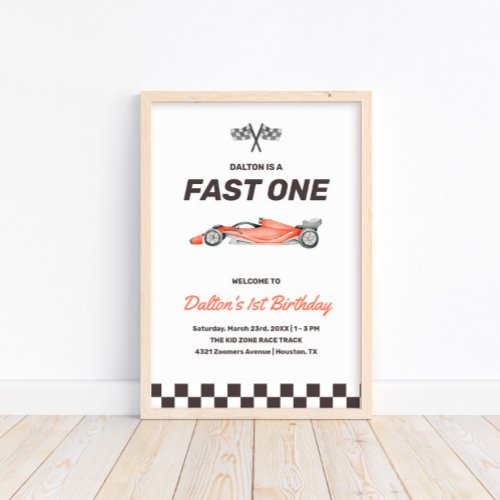 Fast One Race Car 1st Boys Birthday Party Welcome Poster