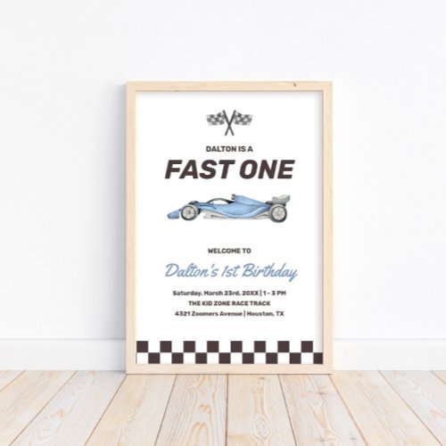 Fast One Race Car 1st Boys Birthday Party Welcome Poster