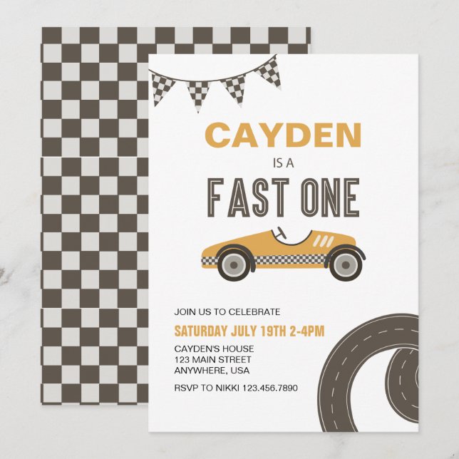 Fast One Race Car Birthday Invitation (Front/Back)