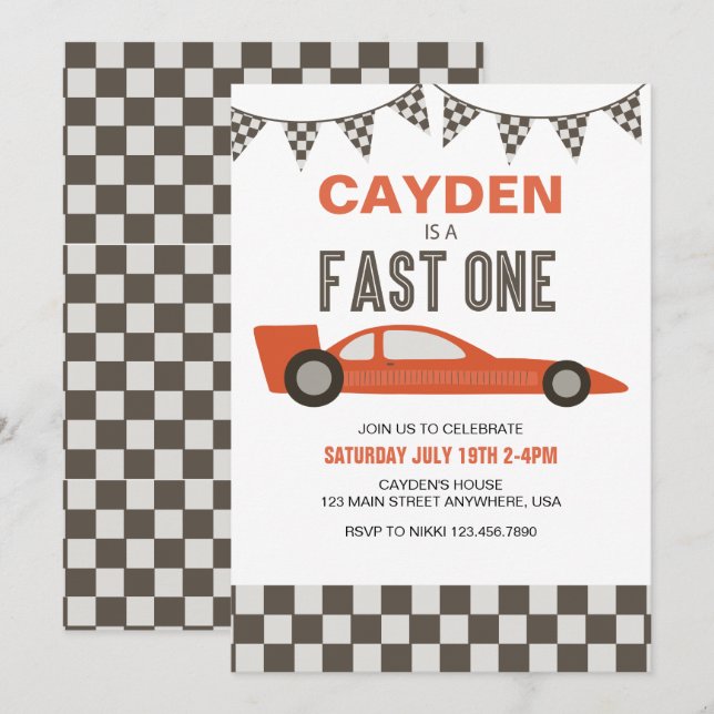 Fast One Race Car Birthday Invitation (Front/Back)
