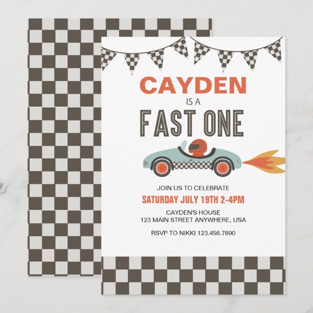 Fast One Race Car Birthday Invitation (Front/Back)