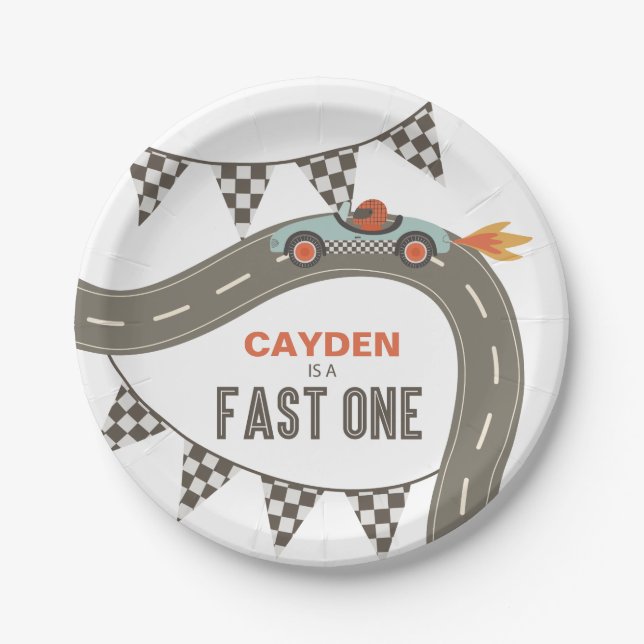 Fast One Race Car Birthday Paper Plates (Front)