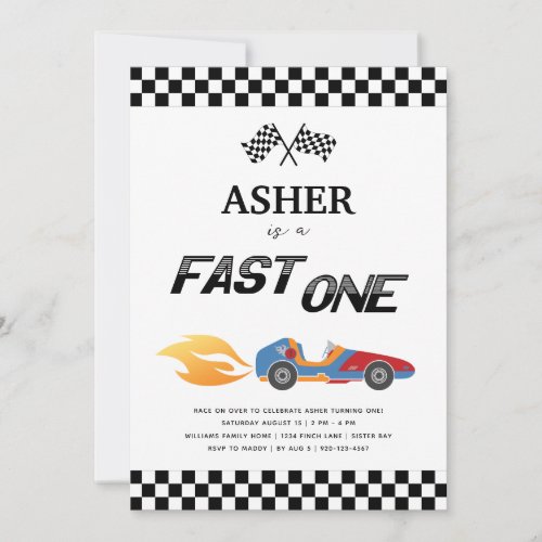Fast One Race Car Birthday Party Invitation