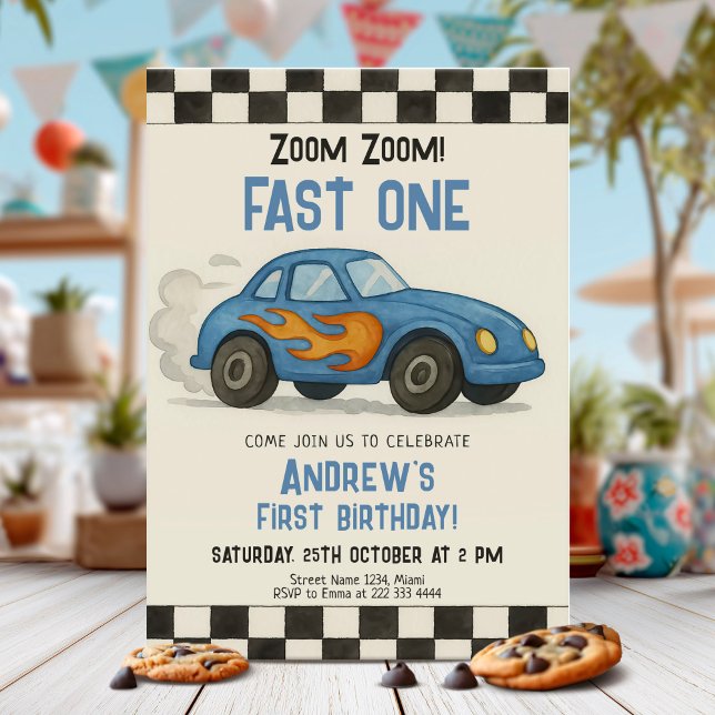 Fast One Race Car Birthday Party Invitation (Creator Uploaded)