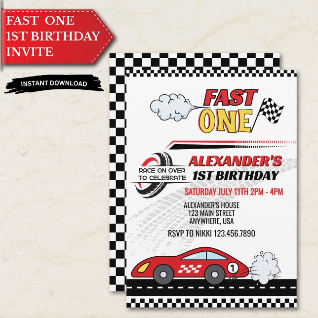 Fast One Race Car Birthday Party Invite for Boys (Creator Uploaded)