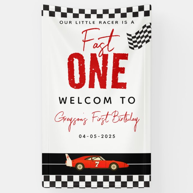 Fast One Race Car Boy 1st Birthday Party Banner (Vertical)