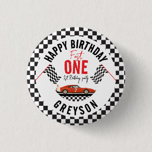 Fast One Race Car Boy 1st Birthday Party Button