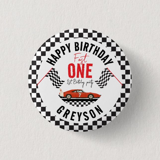 Fast One Race Car Boy 1st Birthday Party Button (Front)