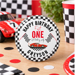 Fast One Race Car Boy 1st Birthday Party Button
