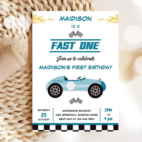 Fast One Race Car Boy 1st Birthday Party  Invitation