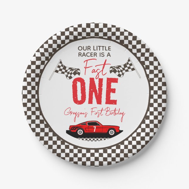 Fast One Race Car Boy 1st Birthday Party Paper Plates (Front)