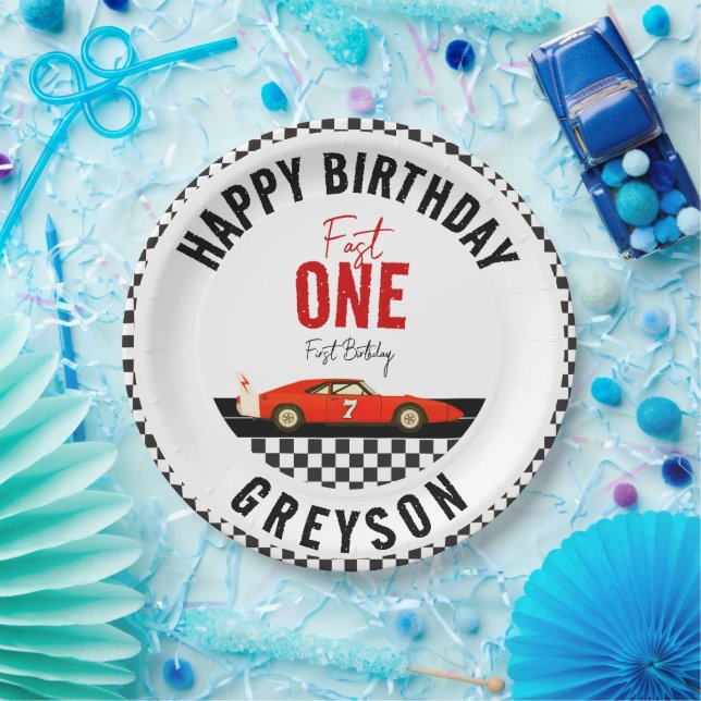 Fast One Race Car Boy 1st Birthday Party Paper Plates (Party)