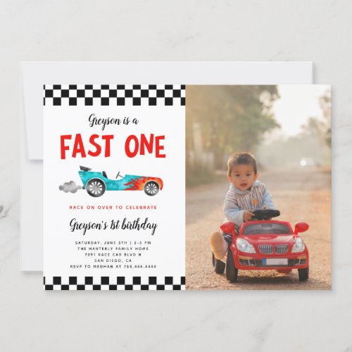 FAST ONE Race Car Boy 1st Birthday Party Photo Invitation