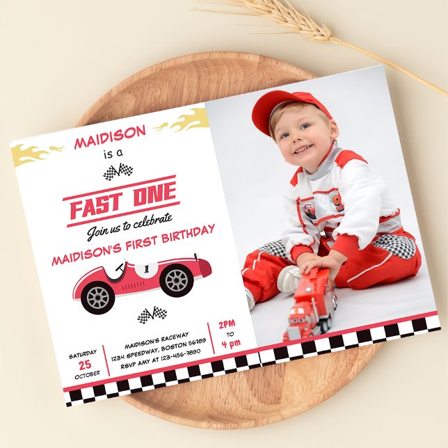 Fast One Race Car Boy 1st Birthday Party Photo Invitation (Creator Uploaded)