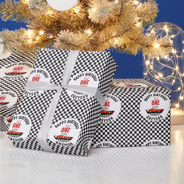 Fast One Race Car Boy 1st Birthday Party Wrapping Paper (Holidays)