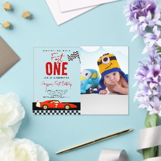 Fast One Race Car Boy Photo 1st Birthday Party Acrylic Invitations