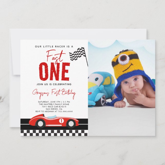 Fast One Race Car Boy Photo 1st Birthday Party Invitation (Front)