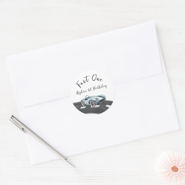 Fast One Race Car First Birthday Classic Round Sticker (Envelope)