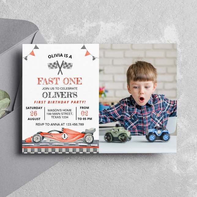 Fast One Race Car Photo Birthday Invitation (Creator Uploaded)