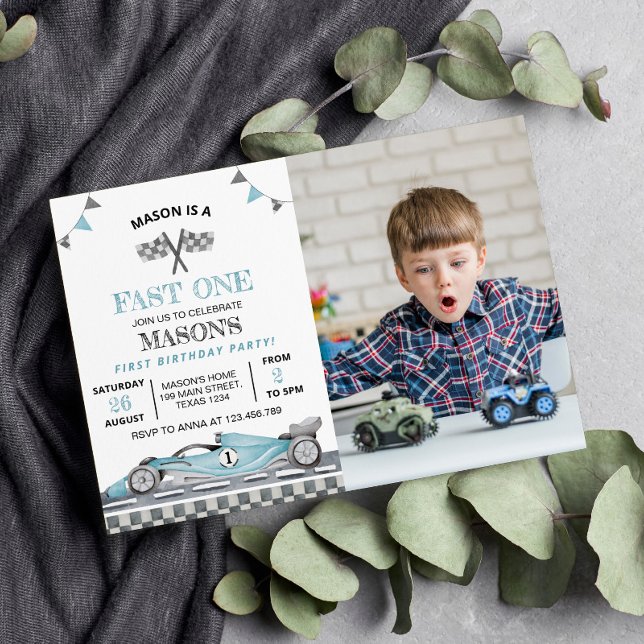 Fast One Race Car Photo Birthday Invitation (Creator Uploaded)