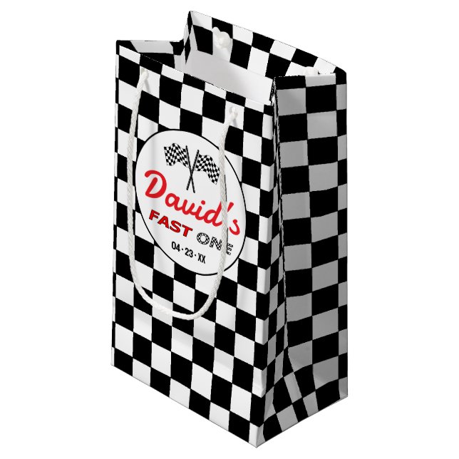 Fast ONE | Race Flag Checkered Birthday Gift Bag (Front Angled)