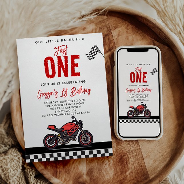 Fast One Race Motorcycle 1st Birthday Party Invitation (Creator Uploaded)