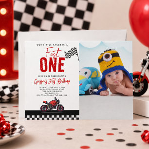 Fast One Race Motorcycle Photo 1st Birthday Party Invitation