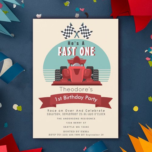 Fast One Racecar Kids 1st Birthday Invitation