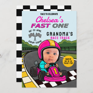 Fast ONE Racer Pink Birthday  Invitation