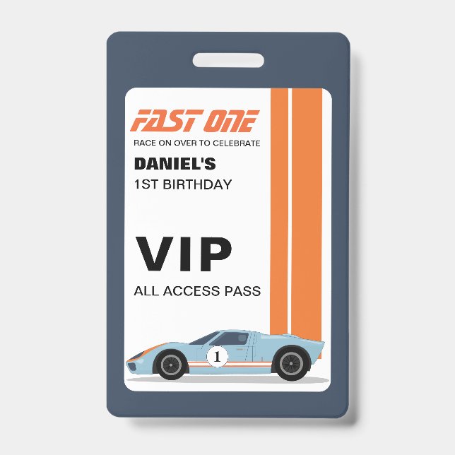 Fast One Racer's VIP Passes Birthday Invitation Badge (Front)
