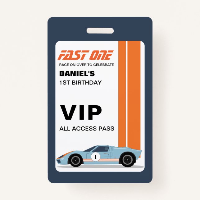 Fast One Racer's VIP Passes Birthday Invitation Badge (Front)