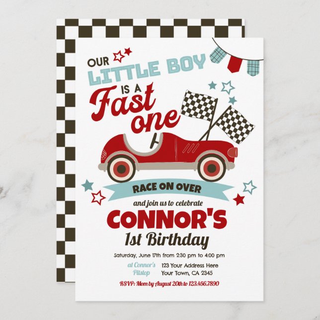 Fast One, Racing 1st Birthday Invitation (Front/Back)