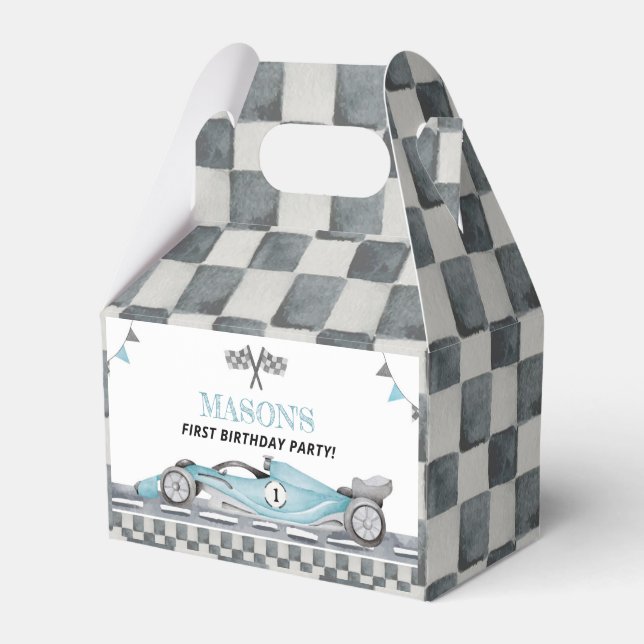 Fast One Racing Car Birthday Party Favor Box (Front Side)