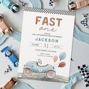 Fast One Racing Car Blue Boy 1st Birthday Invitation