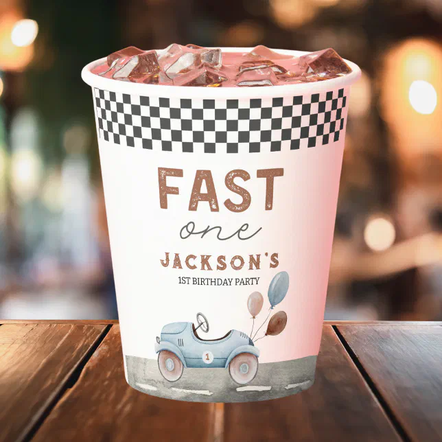 Fast One Racing Car Blue Boy 1st Birthday Paper Cups
