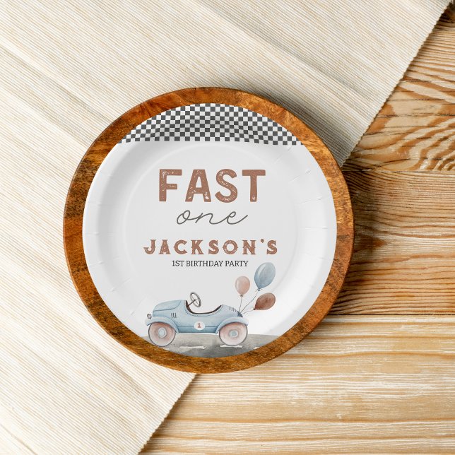 Fast One Racing Car Blue Boy 1st Birthday Paper Plates (fast one race car retro 1st birthday custom paper plates)