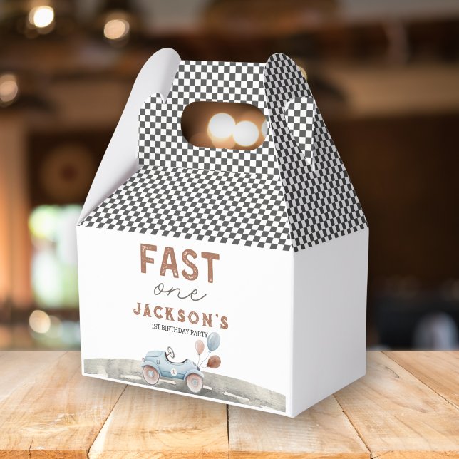 Fast One Racing Car Blue Boy 1st Birthday Welcome Favor Boxes (Fast One Race Car 1st Birthday Favor Box)