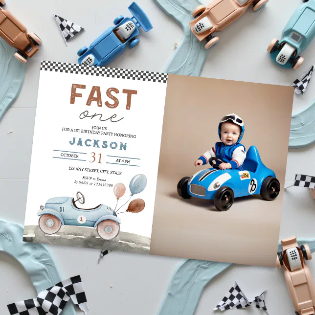 Fast One Racing Car Blue Boy 1st Photo Birthday Invitation | Zazzle
