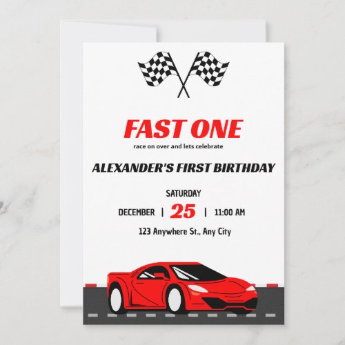 Fast One Racing Car First Birthday Invitation 1st 