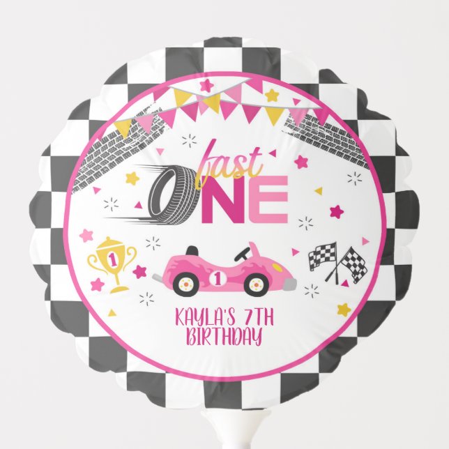 Fast One Racing First Birthday Balloon - Pink (Front)