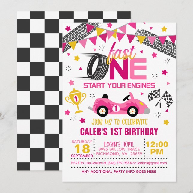 Fast One Racing First Birthday Invitation - Girl (Front/Back)